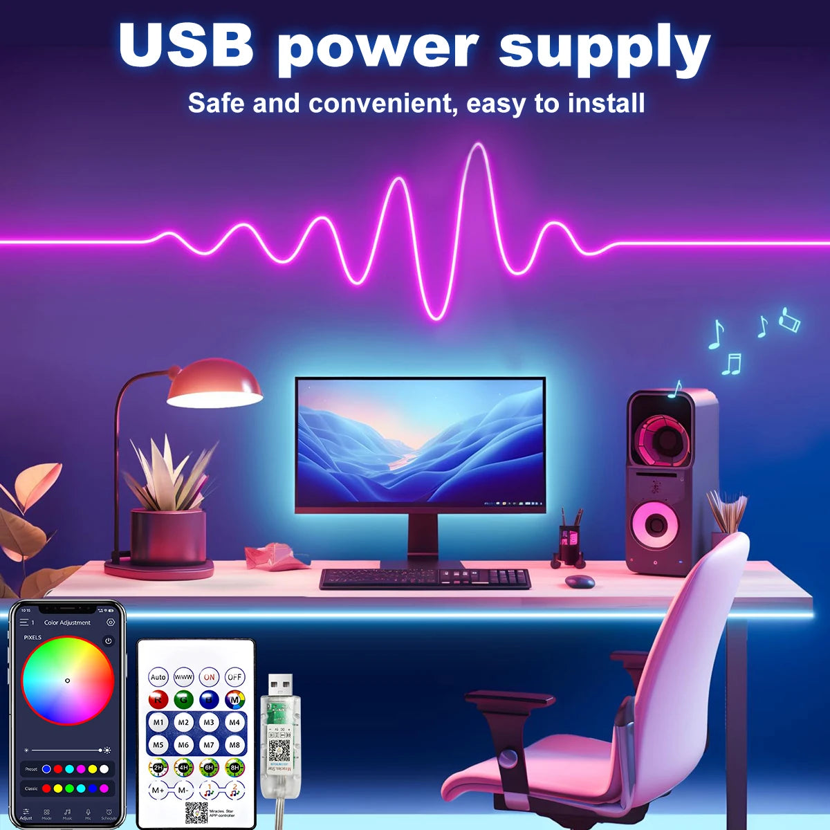 RGB Neon LED Strip Light with Bluetooth Control – Flexible Waterproof USB Neon Light for Home Decor